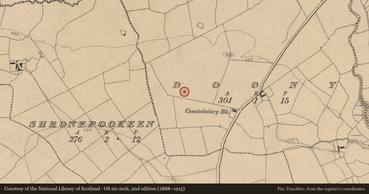 Ordnance Survey six-inch map, 2nd edition (1888–1915) covering the location of Ringfort - rath, Doony, County Cork, with a pin at the register's coordinates