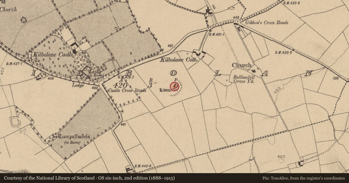 Ordnance Survey six-inch map, 2nd edition (1888–1915) covering the location of Enclosure, Kilbolane, County Cork, with a pin at the register's coordinates
