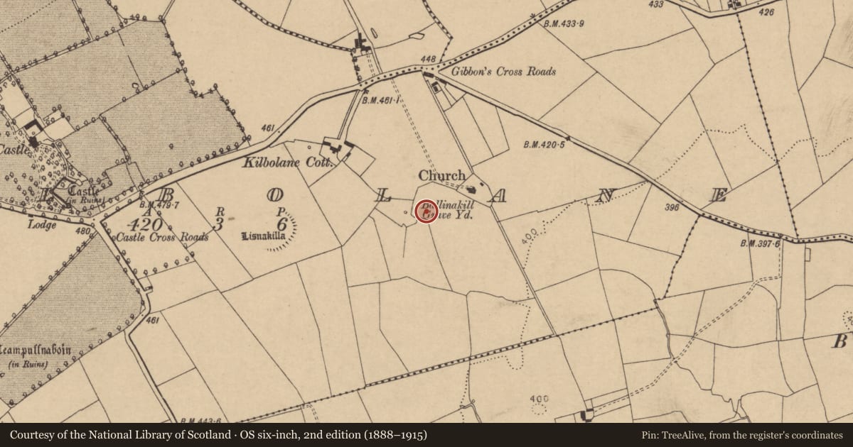 Ordnance Survey six-inch map, 2nd edition (1888–1915) covering the location of Fulacht fia, Kilbolane, County Cork, with a pin at the register's coordinates