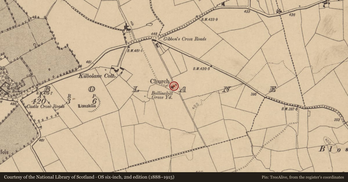 Ordnance Survey six-inch map, 2nd edition (1888–1915) covering the location of Graveyard, Kilbolane, County Cork, with a pin at the register's coordinates