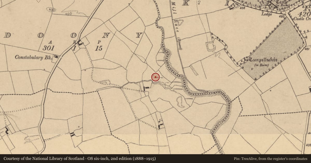 Ordnance Survey six-inch map, 2nd edition (1888–1915) covering the location of Enclosure, Doony, County Cork, with a pin at the register's coordinates