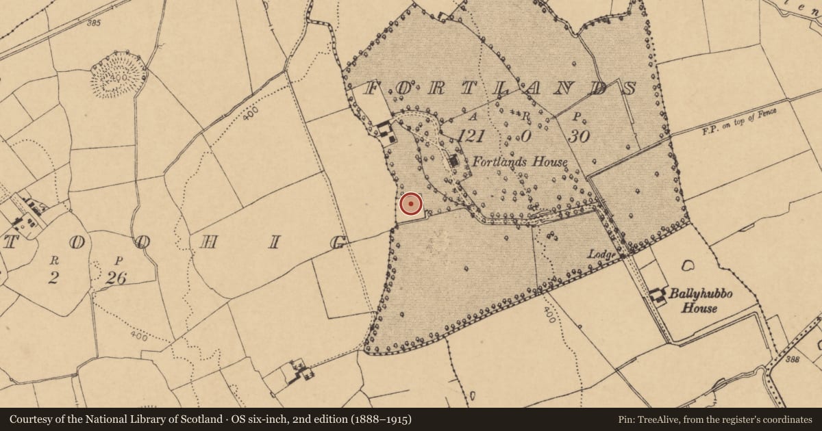 Ordnance Survey six-inch map, 2nd edition (1888–1915) covering the location of Moated site, Fortlands, County Cork, with a pin at the register's coordinates