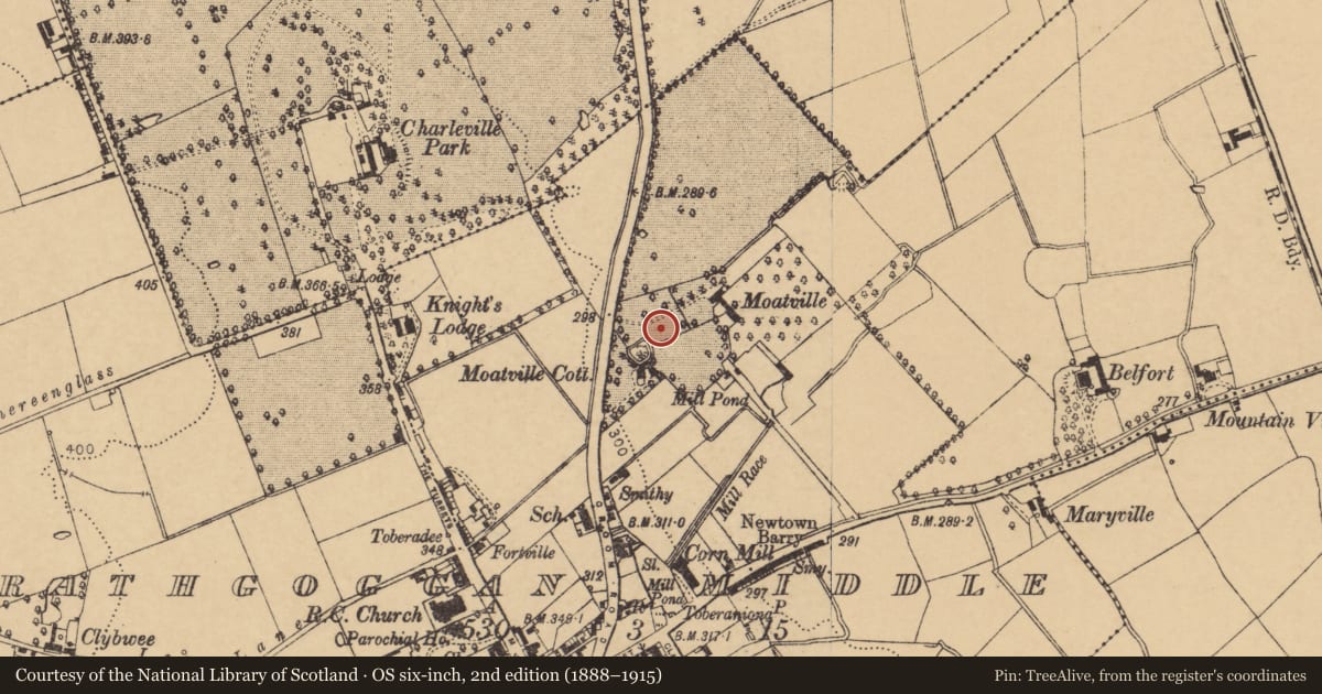 Ordnance Survey six-inch map, 2nd edition (1888–1915) covering the location of Enclosure, Rathgoggan Middle, County Cork, with a pin at the register's coordinates