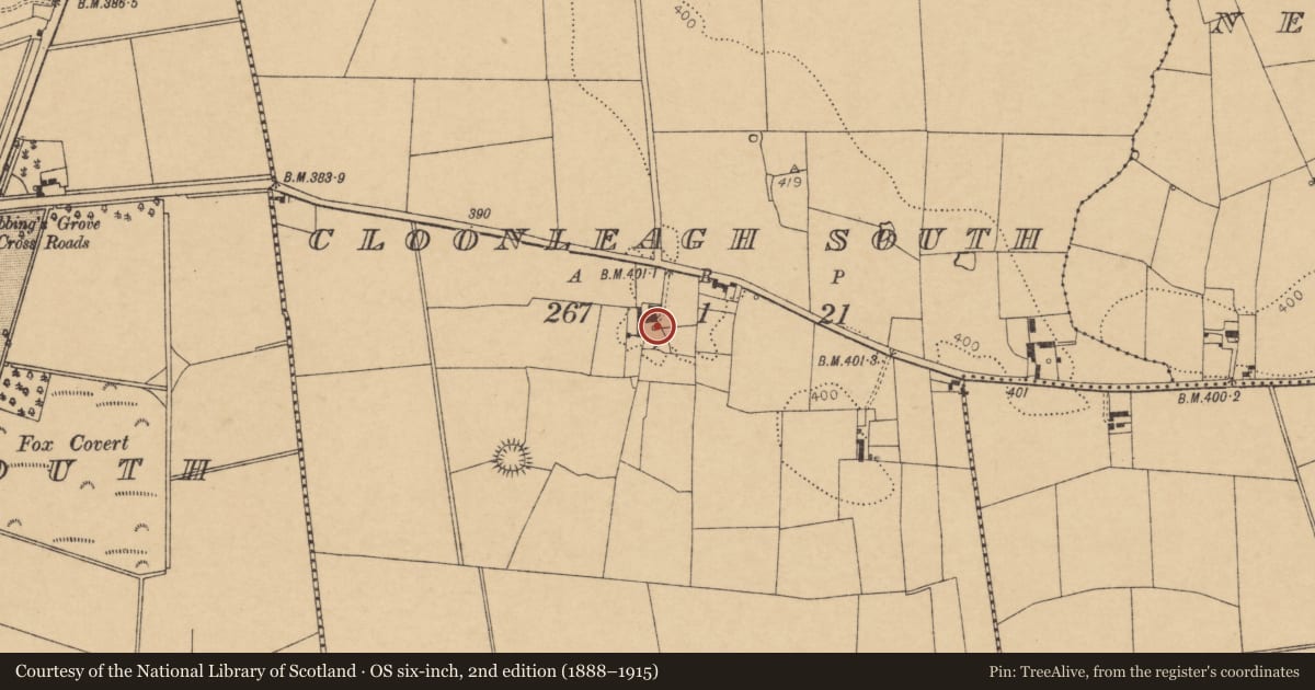Ordnance Survey six-inch map, 2nd edition (1888–1915) covering the location of House - vernacular house, Cloonleagh South, County Cork, with a pin at the register's coordinates