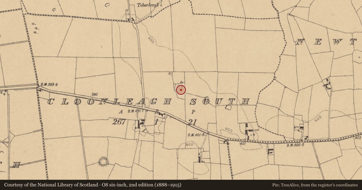 Ordnance Survey six-inch map, 2nd edition (1888–1915) covering the location of Moated site, Cloonleagh South, County Cork, with a pin at the register's coordinates