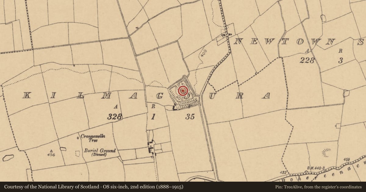 Ordnance Survey six-inch map, 2nd edition (1888–1915) covering the location of Moated site, Kilmagoura, County Cork, with a pin at the register's coordinates