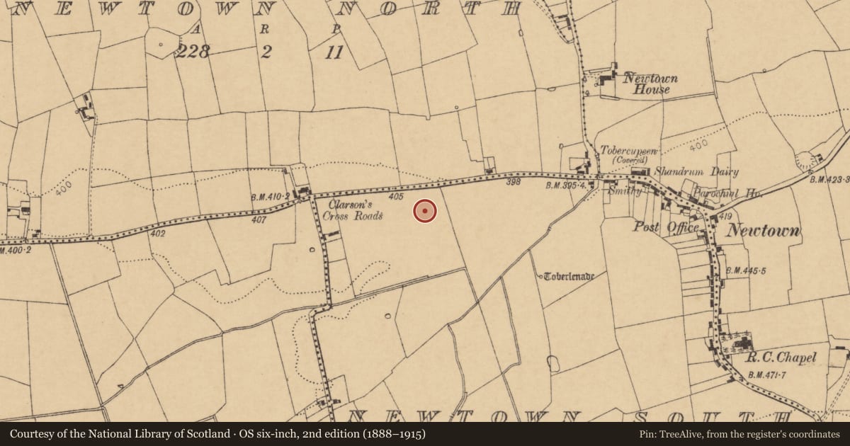 Ordnance Survey six-inch map, 2nd edition (1888–1915) covering the location of Ringfort - rath, Newtown South, County Cork, with a pin at the register's coordinates