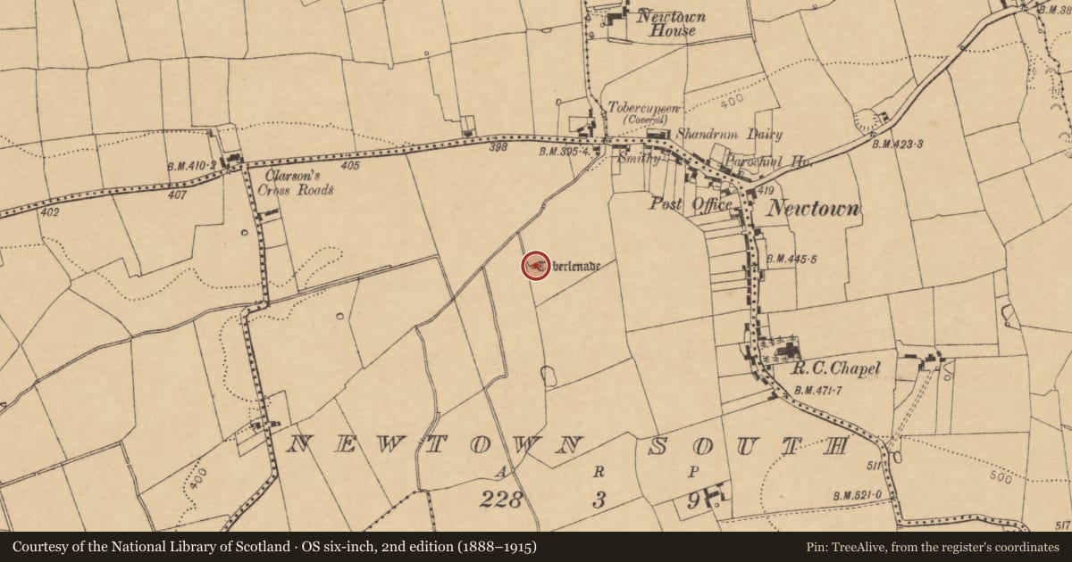 Ordnance Survey six-inch map, 2nd edition (1888–1915) covering the location of Ritual site - holy well, Newtown South, County Cork, with a pin at the register's coordinates