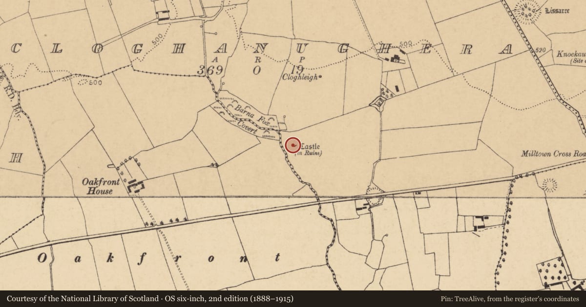 Ordnance Survey six-inch map, 2nd edition (1888–1915) covering the location of Castle - unclassified, Cloghanughera, County Cork, with a pin at the register's coordinates