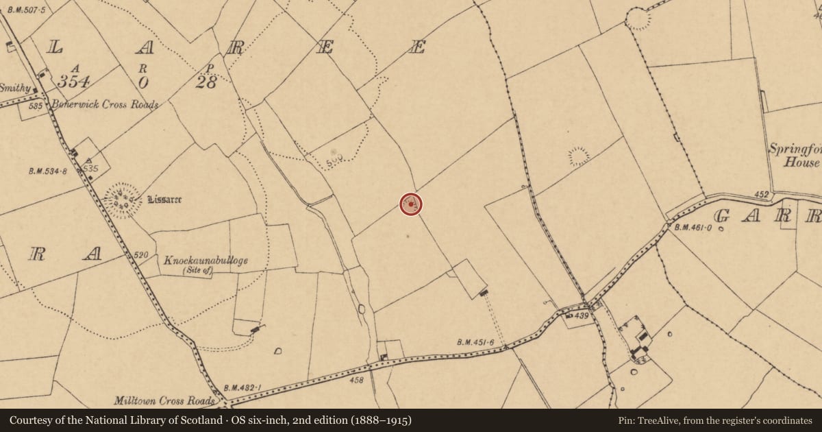 Ordnance Survey six-inch map, 2nd edition (1888–1915) covering the location of Enclosure, Killaree, County Cork, with a pin at the register's coordinates