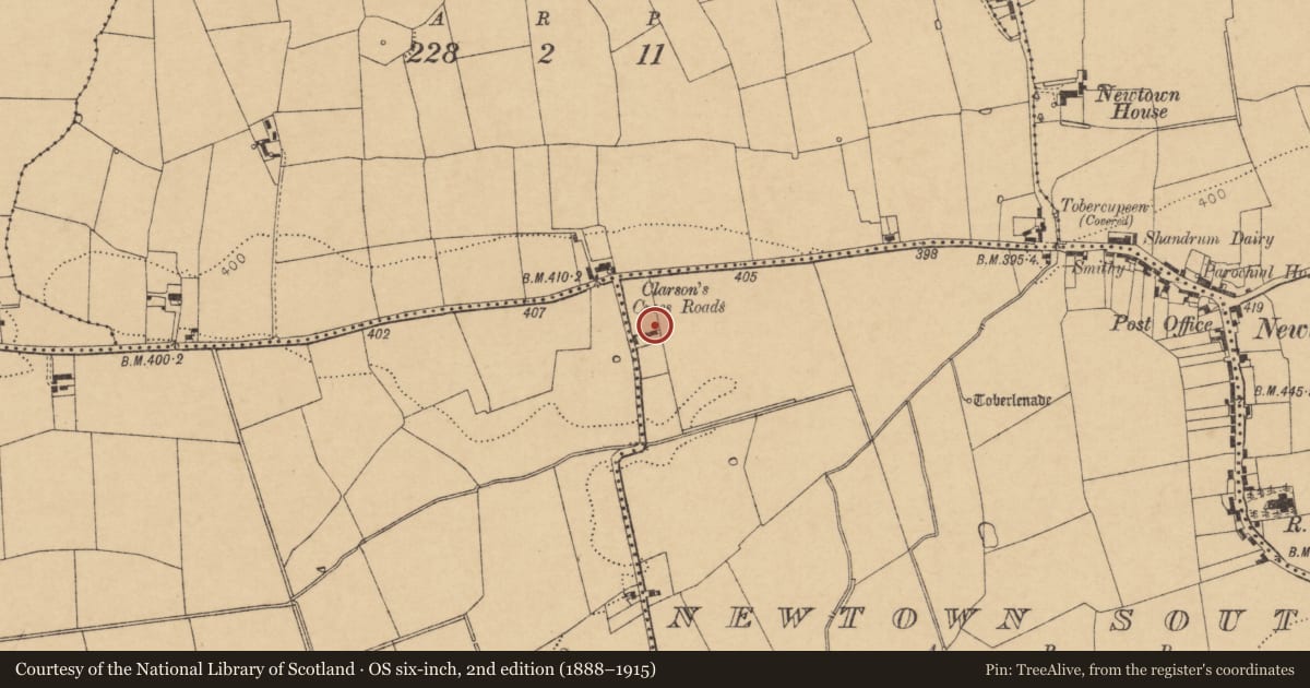 Ordnance Survey six-inch map, 2nd edition (1888–1915) covering the location of House - vernacular house, Newtown South, County Cork, with a pin at the register's coordinates