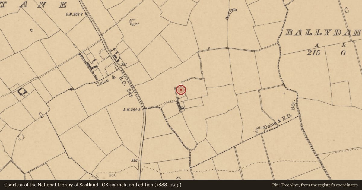 Ordnance Survey six-inch map, 2nd edition (1888–1915) covering the location of Moated site, Cloonmore, County Cork, with a pin at the register's coordinates