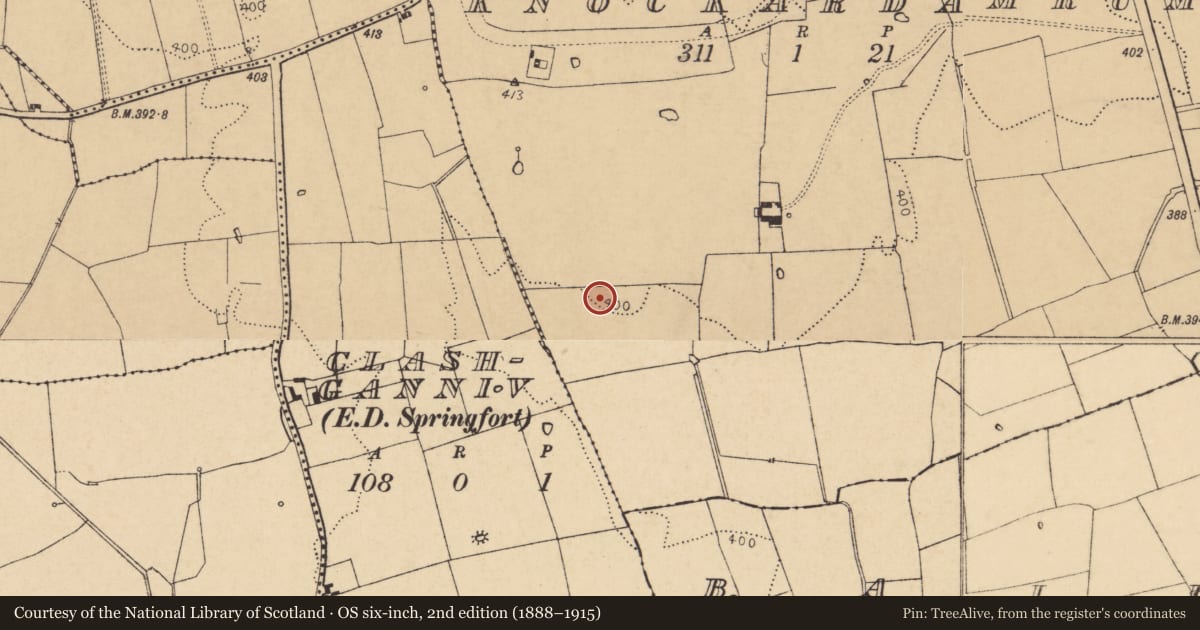 Ordnance Survey six-inch map, 2nd edition (1888–1915) covering the location of Enclosure, Knockardamrum, County Cork, with a pin at the register's coordinates