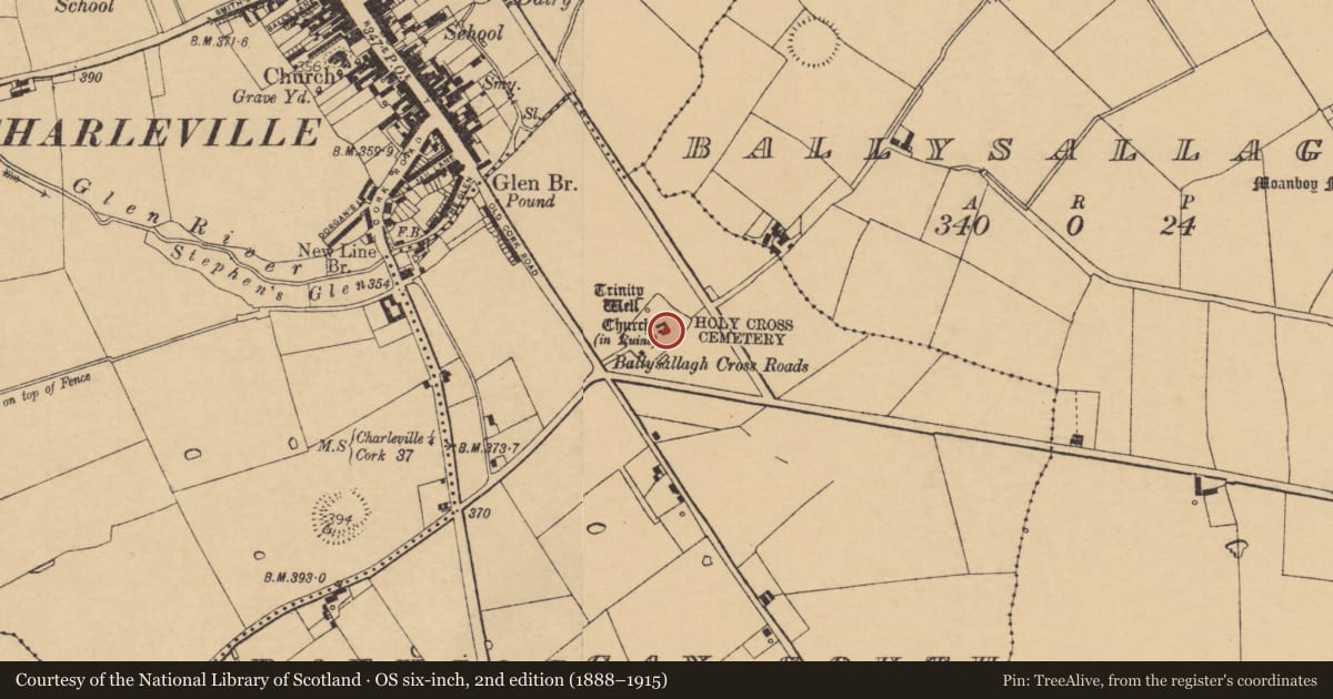 Ordnance Survey six-inch map, 2nd edition (1888–1915) covering the location of Church, Rathgoggan South, County Cork, with a pin at the register's coordinates