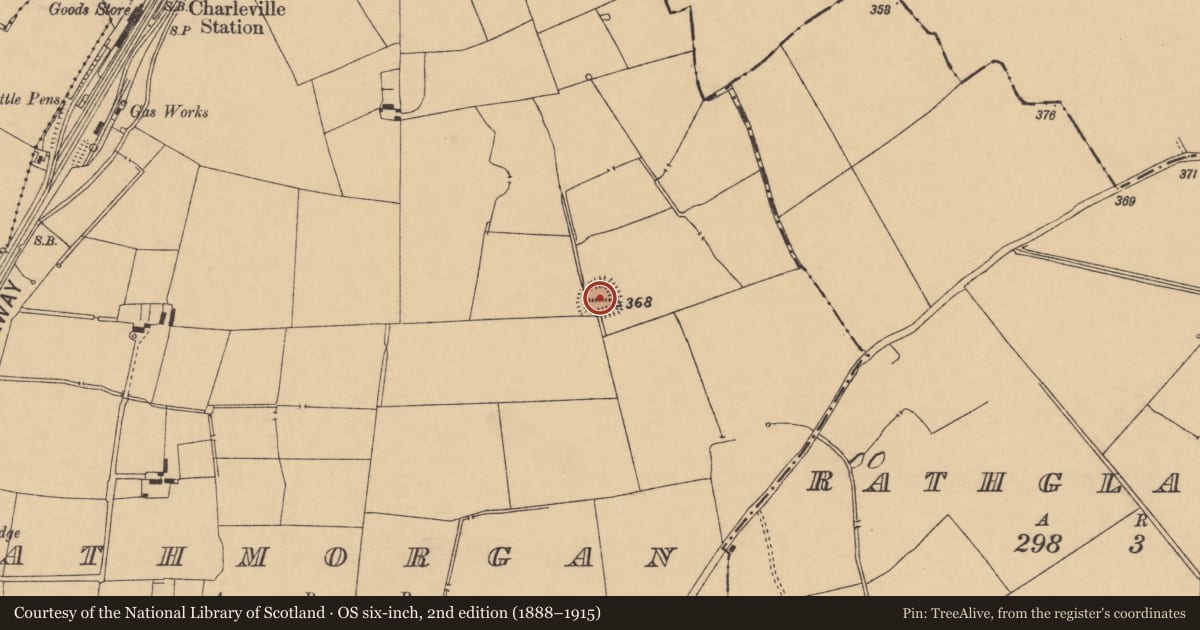 Ordnance Survey six-inch map, 2nd edition (1888–1915) covering the location of Moated site, Rathmorgan, County Cork, with a pin at the register's coordinates