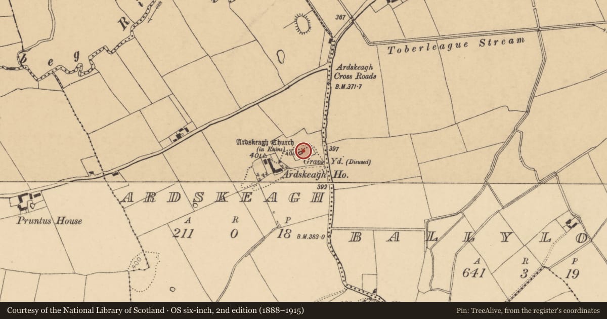 Ordnance Survey six-inch map, 2nd edition (1888–1915) covering the location of Graveyard, Ardskeagh, County Cork, with a pin at the register's coordinates