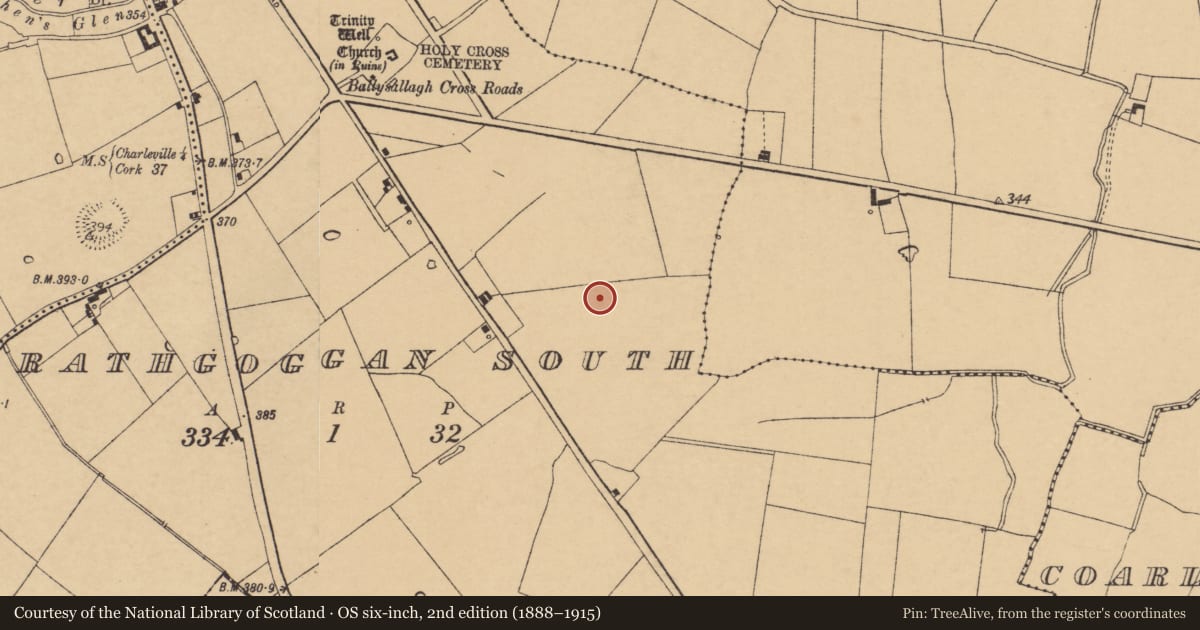 Ordnance Survey six-inch map, 2nd edition (1888–1915) covering the location of Fulacht fia, Rathgoggan South, County Cork, with a pin at the register's coordinates
