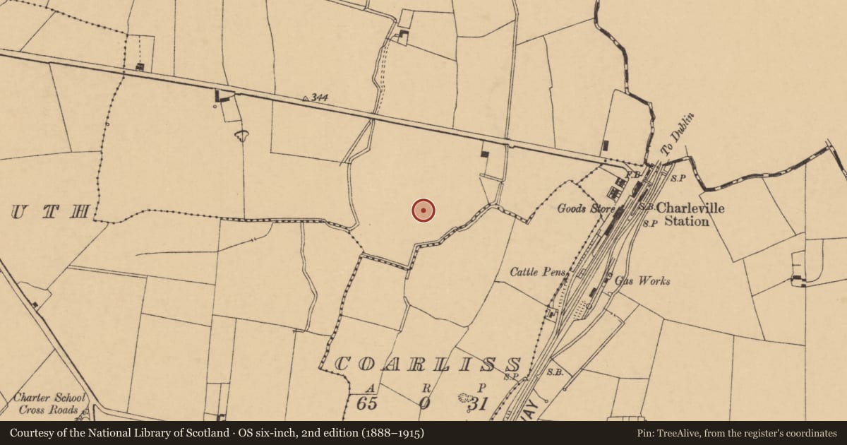Ordnance Survey six-inch map, 2nd edition (1888–1915) covering the location of Enclosure, Ballysallagh (Orrery and Kilmore By., Hackmys Par.), County Cork, with a pin at the register's coordinates