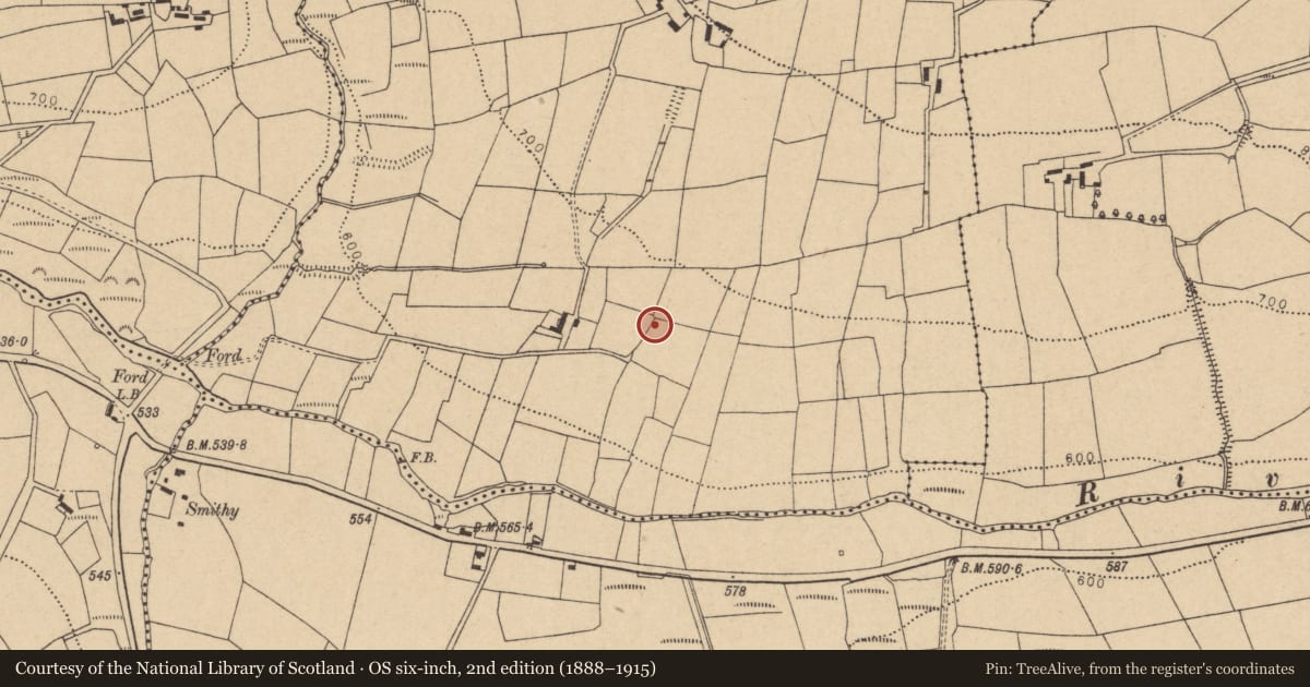 Ordnance Survey six-inch map, 2nd edition (1888–1915) covering the location of Fulacht fia, Knockahorrea West, County Cork, with a pin at the register's coordinates