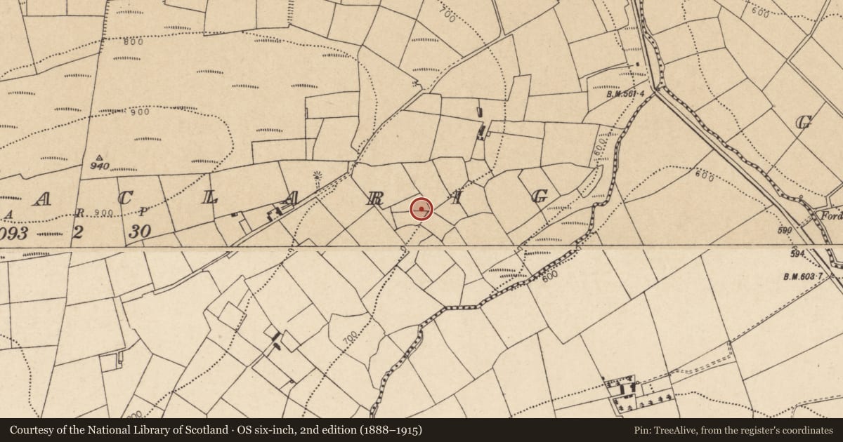 Ordnance Survey six-inch map, 2nd edition (1888–1915) covering the location of Fulacht fia, Knockaclarig, County Cork, with a pin at the register's coordinates