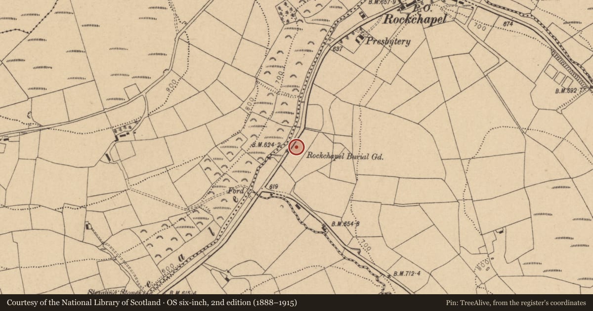 Ordnance Survey six-inch map, 2nd edition (1888–1915) covering the location of Graveyard, Tooreennagrena, County Cork, with a pin at the register's coordinates