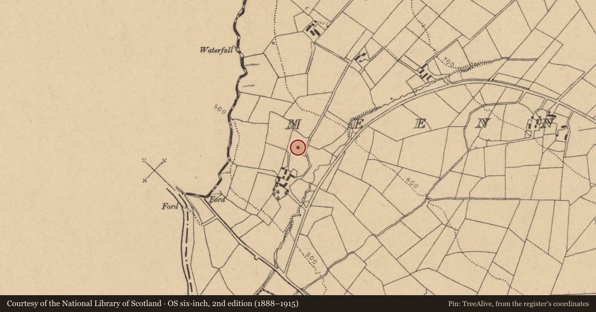 Ordnance Survey six-inch map, 2nd edition (1888–1915) covering the location of Enclosure, Meennaraheeny, County Cork, with a pin at the register's coordinates