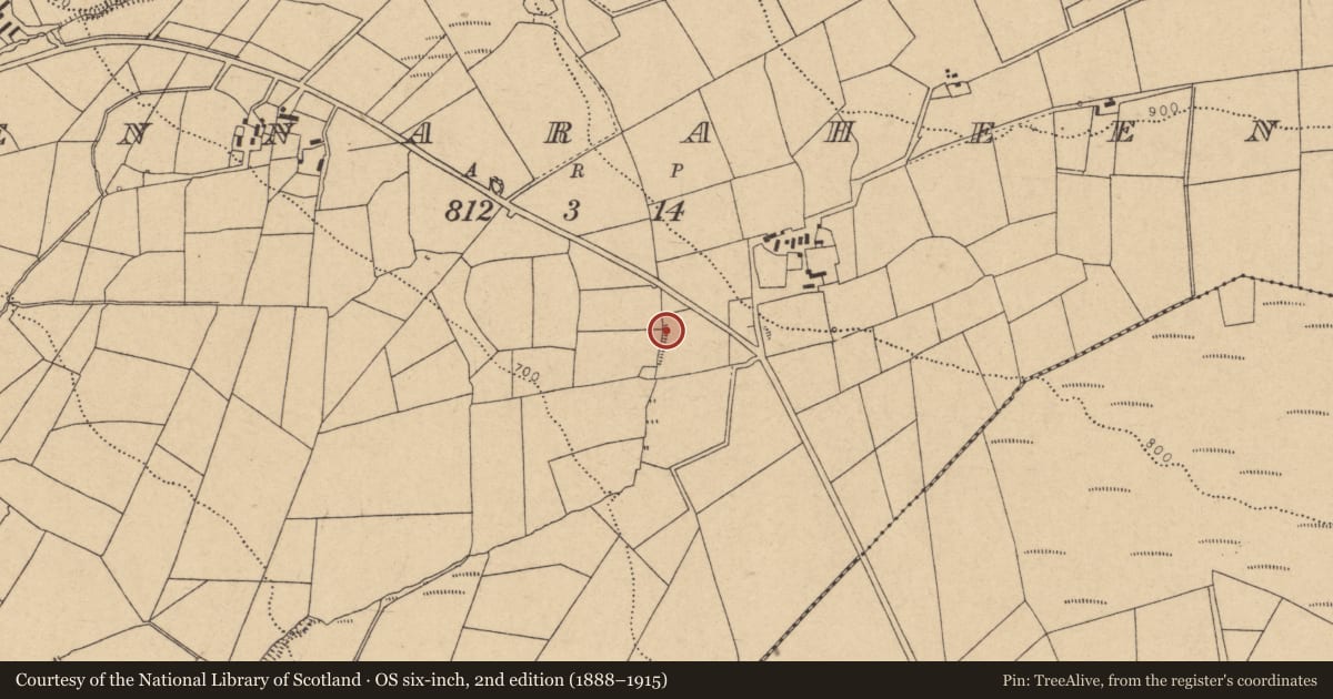 Ordnance Survey six-inch map, 2nd edition (1888–1915) covering the location of Enclosure, Meennaraheeny, County Cork, with a pin at the register's coordinates