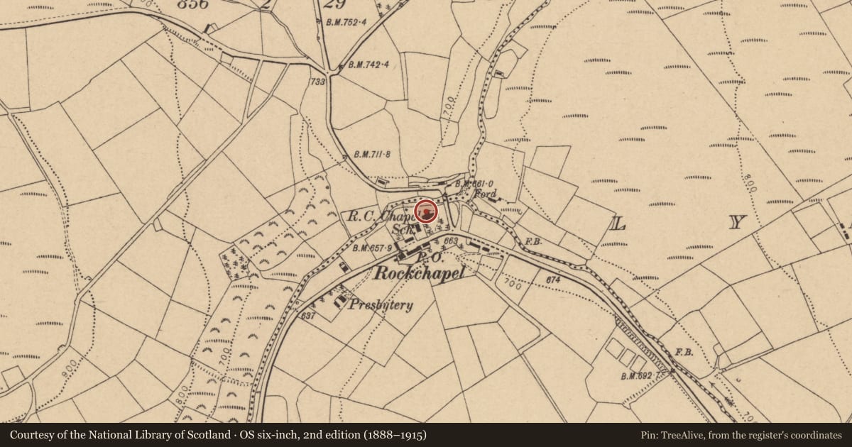 Ordnance Survey six-inch map, 2nd edition (1888–1915) covering the location of Church, Tooreennagrena, County Cork, with a pin at the register's coordinates