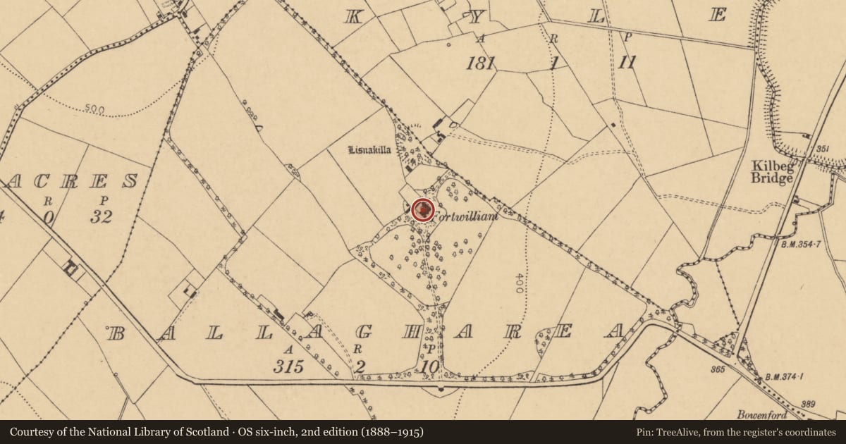Ordnance Survey six-inch map, 2nd edition (1888–1915) covering the location of Designed landscape - belvedere, Ballagharea, County Cork, with a pin at the register's coordinates