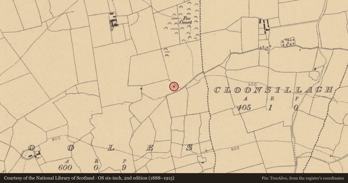 Ordnance Survey six-inch map, 2nd edition (1888–1915) covering the location of Fulacht fia, Cooles, County Cork, with a pin at the register's coordinates
