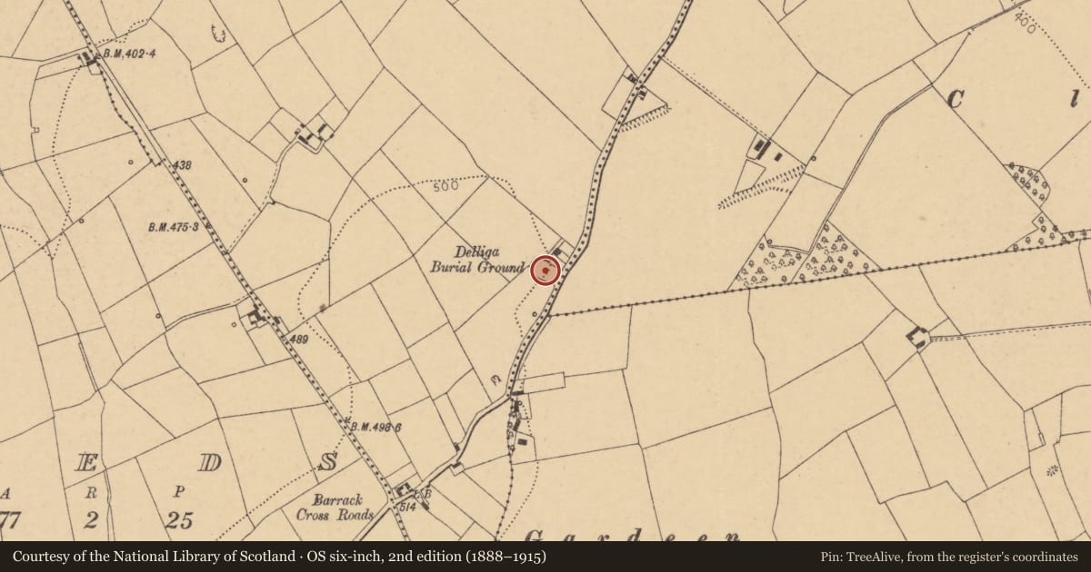 Ordnance Survey six-inch map, 2nd edition (1888–1915) covering the location of Burial ground, Trienieragh, County Cork, with a pin at the register's coordinates