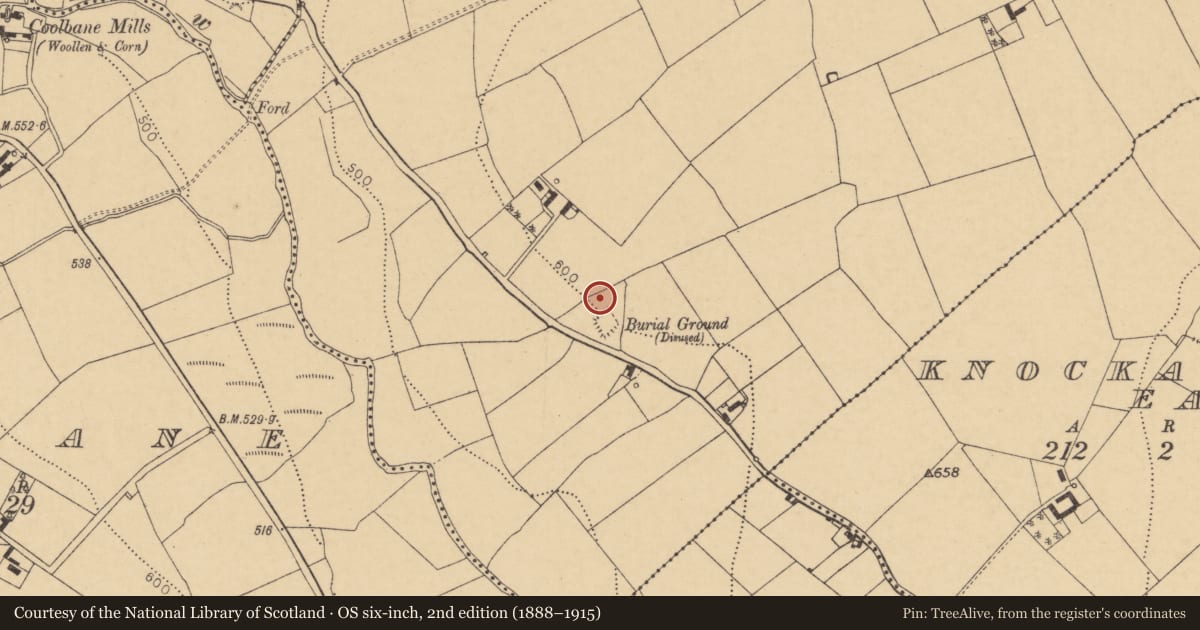 Ordnance Survey six-inch map, 2nd edition (1888–1915) covering the location of Ritual site - holy well, Keeltane, County Cork, with a pin at the register's coordinates