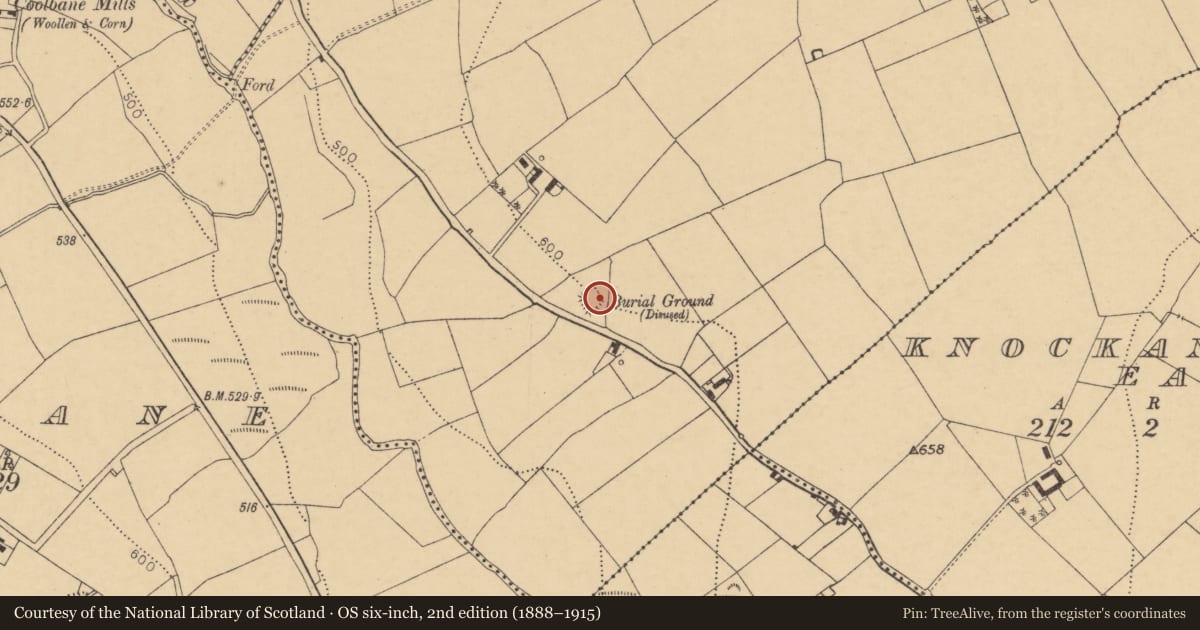 Ordnance Survey six-inch map, 2nd edition (1888–1915) covering the location of Burial ground, Keeltane, County Cork, with a pin at the register's coordinates