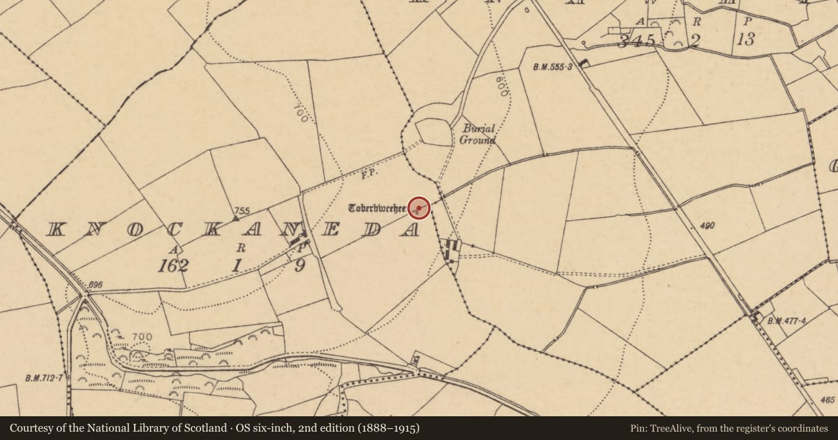 Ordnance Survey six-inch map, 2nd edition (1888–1915) covering the location of Ritual site - holy well, Knockaneda, County Cork, with a pin at the register's coordinates