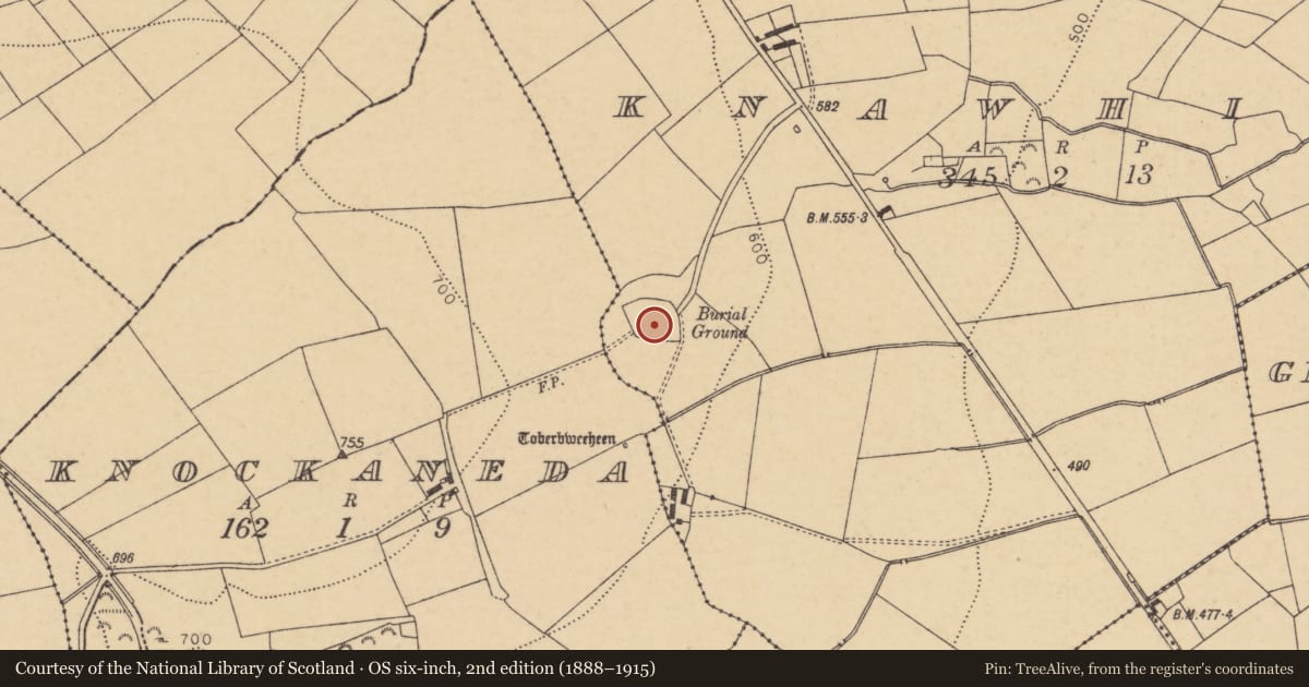 Ordnance Survey six-inch map, 2nd edition (1888–1915) covering the location of Ecclesiastical enclosure, Knawhill, County Cork, with a pin at the register's coordinates