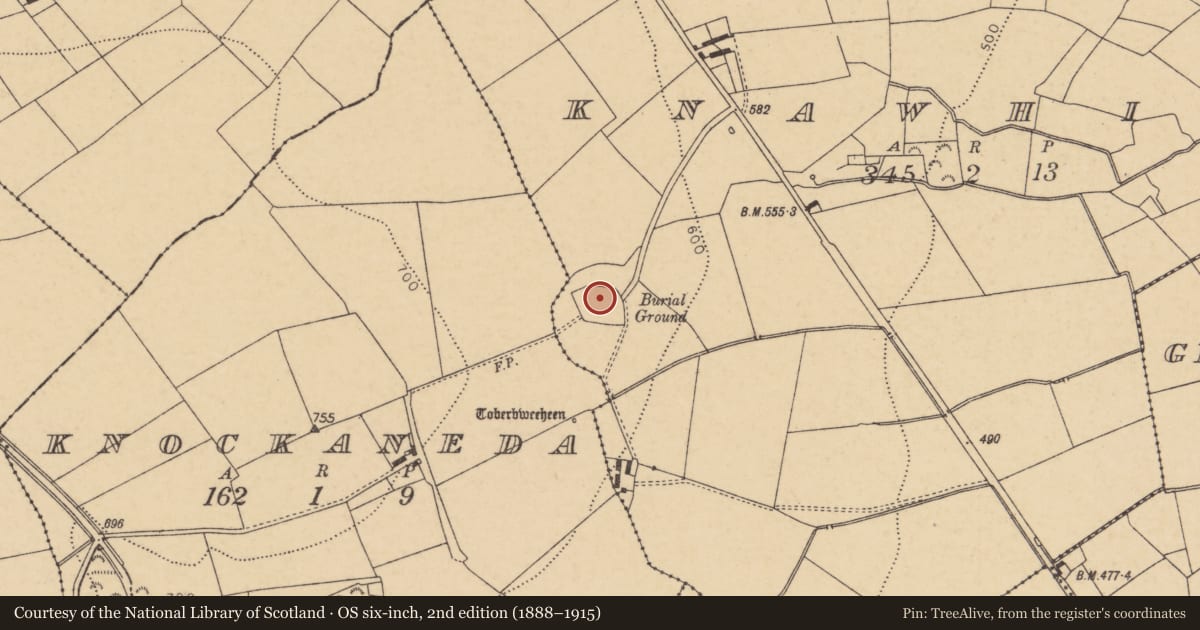 Ordnance Survey six-inch map, 2nd edition (1888–1915) covering the location of Church, Knawhill, County Cork, with a pin at the register's coordinates