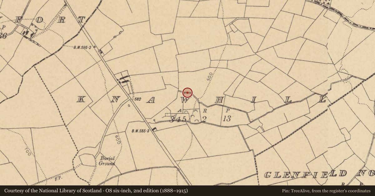 Ordnance Survey six-inch map, 2nd edition (1888–1915) covering the location of Fulacht fia, Knawhill, County Cork, with a pin at the register's coordinates