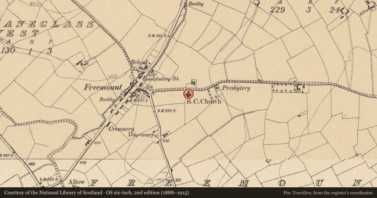 Ordnance Survey six-inch map, 2nd edition (1888–1915) covering the location of Church, Freemount, County Cork, with a pin at the register's coordinates