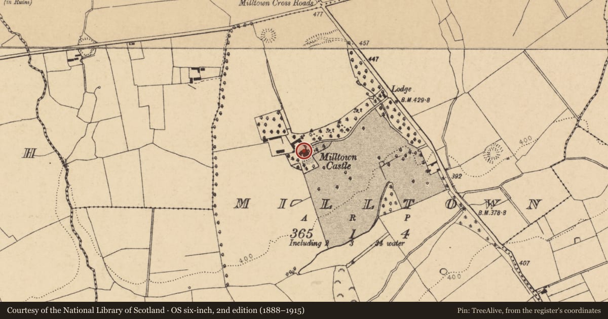 Ordnance Survey six-inch map, 2nd edition (1888–1915) covering the location of Country house, Milltown, County Cork, with a pin at the register's coordinates