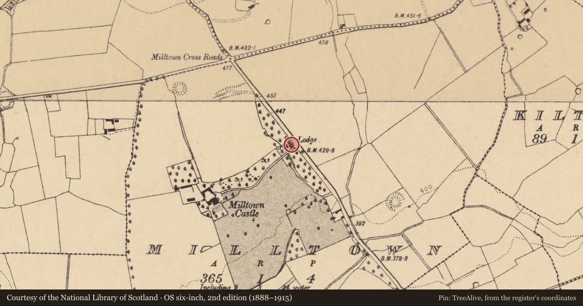 Ordnance Survey six-inch map, 2nd edition (1888–1915) covering the location of Gate lodge, Milltown, County Cork, with a pin at the register's coordinates
