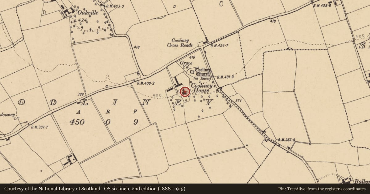 Ordnance Survey six-inch map, 2nd edition (1888–1915) covering the location of Country house, Cooliney, County Cork, with a pin at the register's coordinates