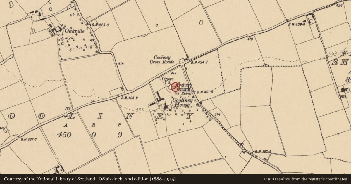 Ordnance Survey six-inch map, 2nd edition (1888–1915) covering the location of Graveyard, Cooliney, County Cork, with a pin at the register's coordinates