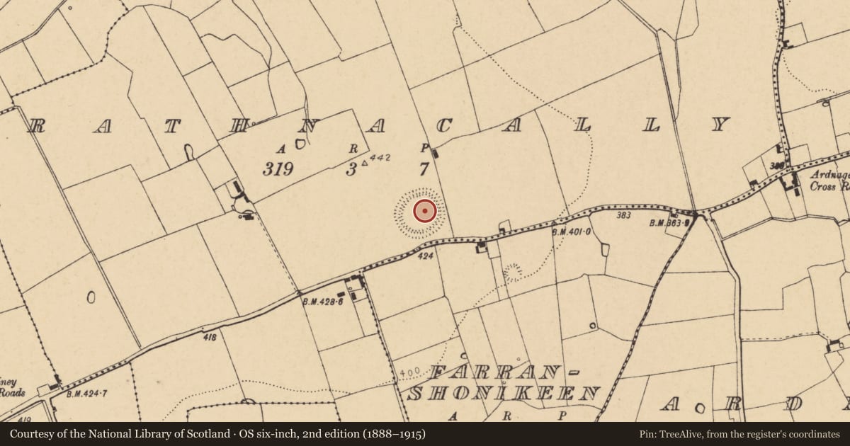 Ordnance Survey six-inch map, 2nd edition (1888–1915) covering the location of Ringfort - rath, Rathnacally, County Cork, with a pin at the register's coordinates