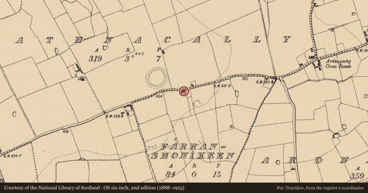 Ordnance Survey six-inch map, 2nd edition (1888–1915) covering the location of House - vernacular house, Farranshonikeen, County Cork, with a pin at the register's coordinates