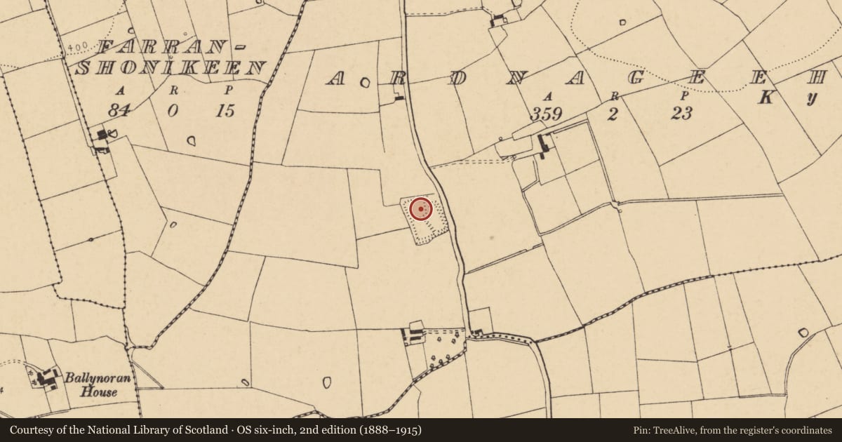 Ordnance Survey six-inch map, 2nd edition (1888–1915) covering the location of Moated site, Ardnageehy, County Cork, with a pin at the register's coordinates