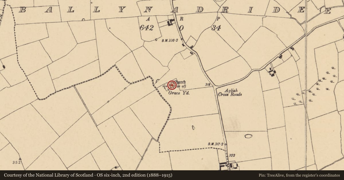 Ordnance Survey six-inch map, 2nd edition (1888–1915) covering the location of Graveyard, Ballynadrideen, County Cork, with a pin at the register's coordinates