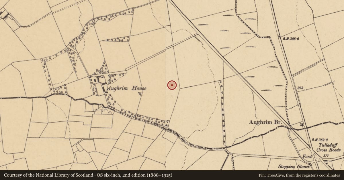 Ordnance Survey six-inch map, 2nd edition (1888–1915) covering the location of Fulacht fia, Aughrim, County Cork, with a pin at the register's coordinates