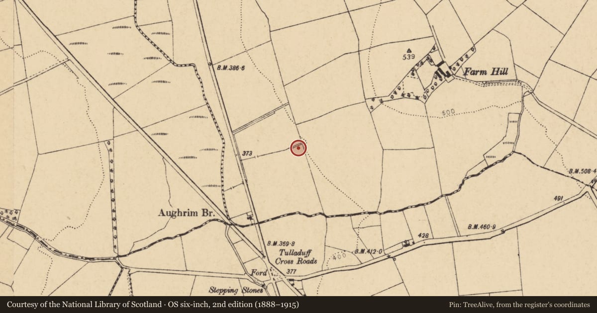 Ordnance Survey six-inch map, 2nd edition (1888–1915) covering the location of Fulacht fia, Teeveeny, County Cork, with a pin at the register's coordinates