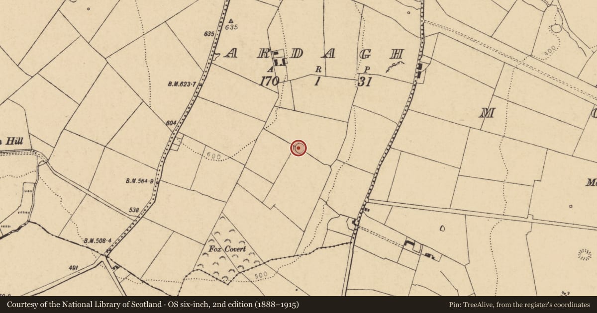 Ordnance Survey six-inch map, 2nd edition (1888–1915) covering the location of Ringfort - rath, Ardagh, County Cork, with a pin at the register's coordinates