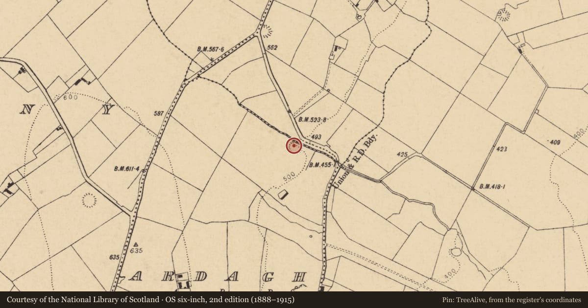 Ordnance Survey six-inch map, 2nd edition (1888–1915) covering the location of Cliff-edge fort, Ardagh, County Cork, with a pin at the register's coordinates